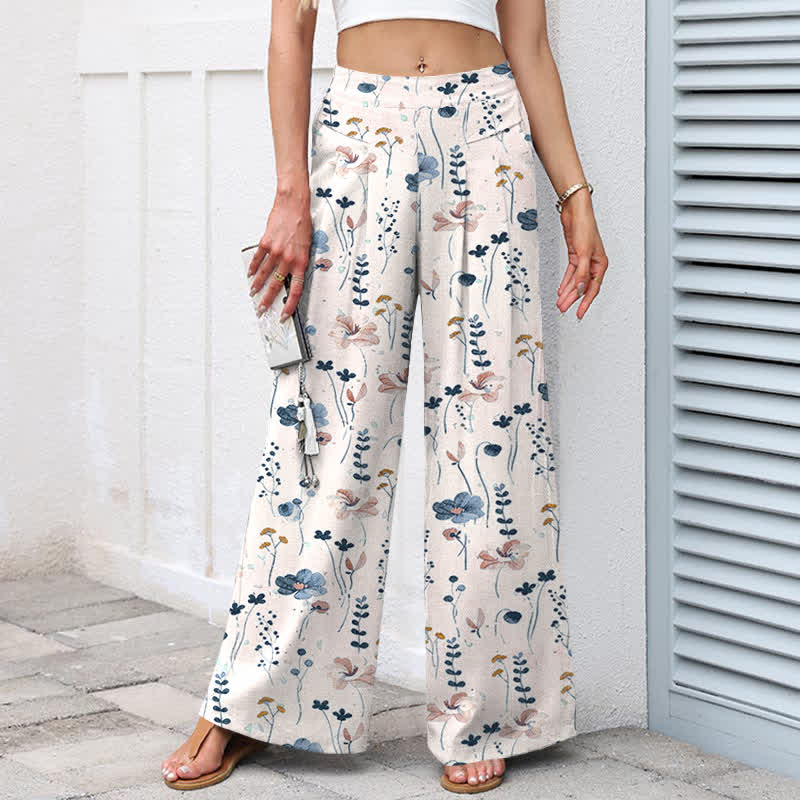 Buddha Stones Pantalon large à taille élastique et poches pour femme, en coton et lin à motif floral - image 5
