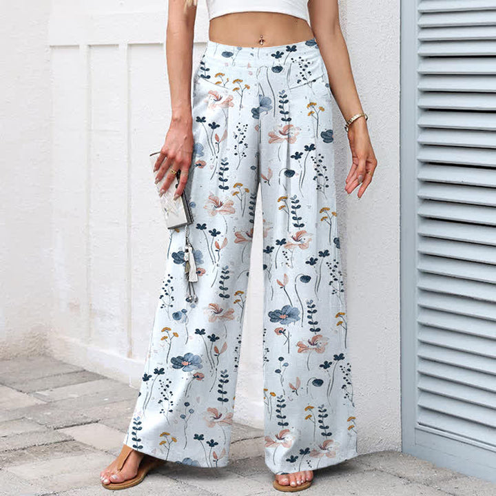Buddha Stones Pantalon large à taille élastique et poches pour femme, en coton et lin à motif floral - image 9