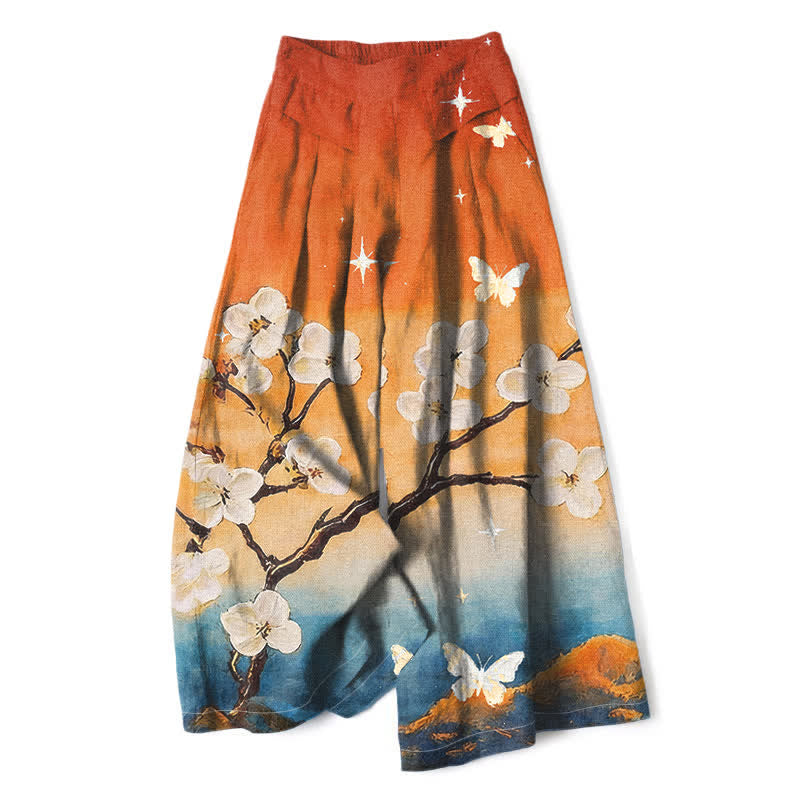 Buddha Stones Pantalon large pour femme en coton et lin à motif floral dégradé et poches, taille élastique - Orange - US16，UK/AU20，EU48 (3XL) - image 0