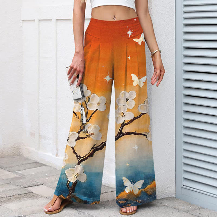 Buddha Stones Pantalon large pour femme en coton et lin à motif floral dégradé et poches, taille élastique - image 1