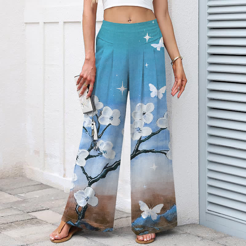 Buddha Stones Pantalon large pour femme en coton et lin à motif floral dégradé et poches, taille élastique - image 5