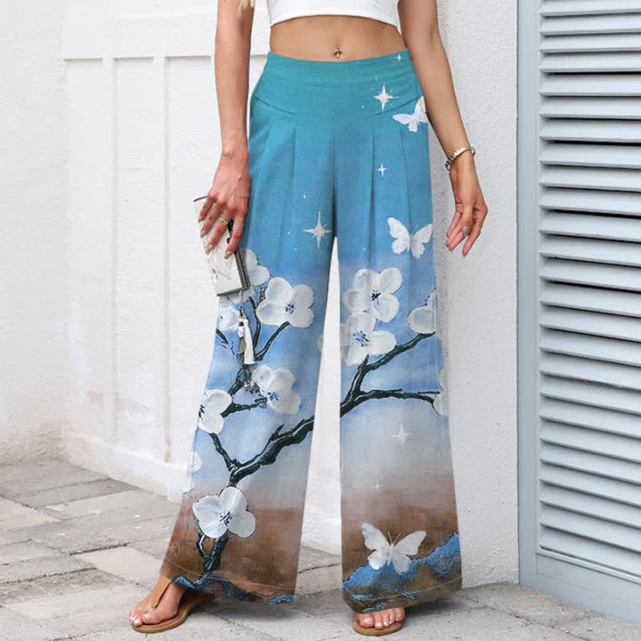 Buddha Stones Pantalon large pour femme en coton et lin à motif floral dégradé et poches, taille élastique - image 5