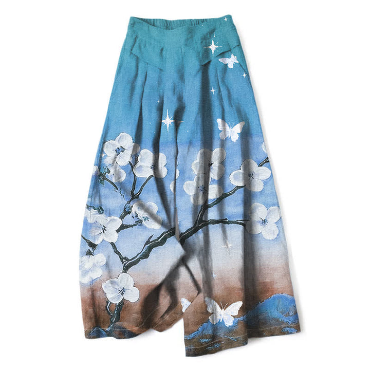 Buddha Stones Pantalon large pour femme en coton et lin à motif floral dégradé et poches, taille élastique - Turquoise - US16，UK/AU20，EU48 (3XL) - image 4
