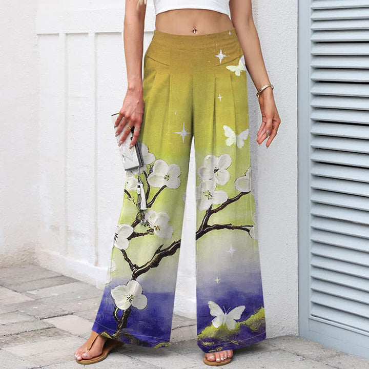 Buddha Stones Pantalon large pour femme en coton et lin à motif floral dégradé et poches, taille élastique - image 9