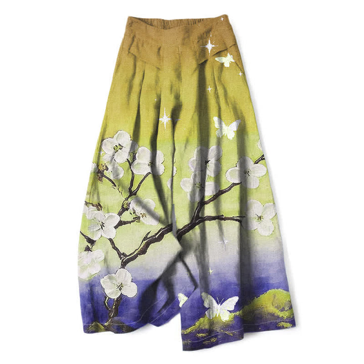 Buddha Stones Pantalon large pour femme en coton et lin à motif floral dégradé et poches, taille élastique - JauneVert - US16，UK/AU20，EU48 (3XL) - image 8