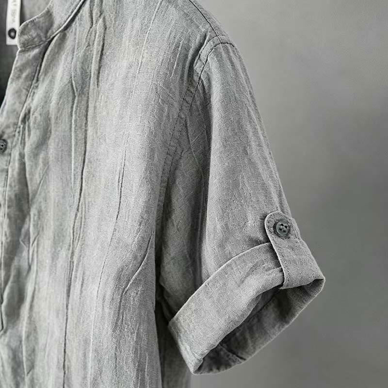 Chemise à manches courtes et demi-bouton en Coton et lin de couleur unie Buddha Stones pour hommes - image 35