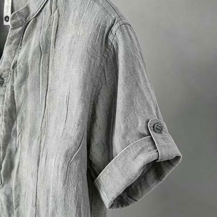 Chemise à manches courtes et demi-bouton en Coton et lin de couleur unie Buddha Stones pour hommes - image 35