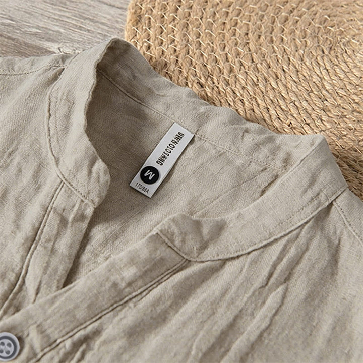 Chemise à manches courtes et demi-bouton en Coton et lin de couleur unie Buddha Stones pour hommes - image 47