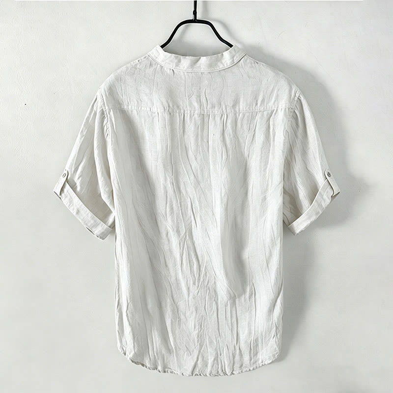 Chemise à manches courtes et demi-bouton en Coton et lin de couleur unie Buddha Stones pour hommes - image 39