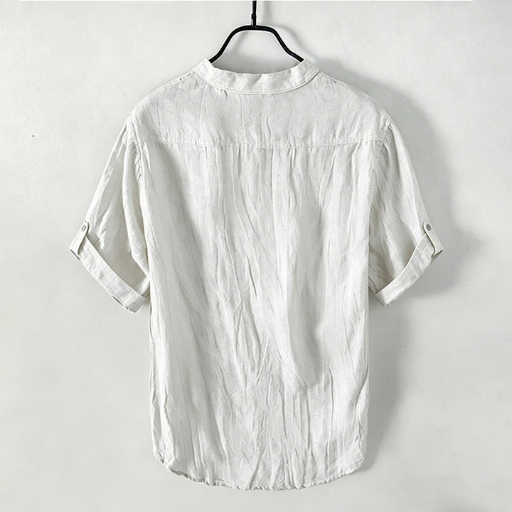 Chemise à manches courtes et demi-bouton en Coton et lin de couleur unie Buddha Stones pour hommes - image 39