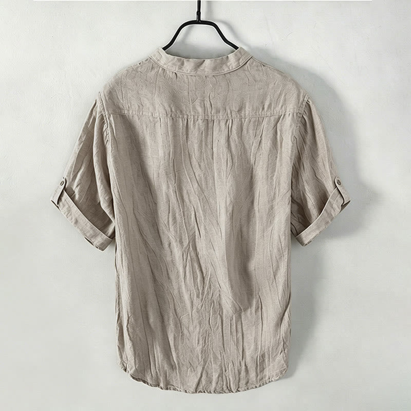 Chemise à manches courtes et demi-bouton en Coton et lin de couleur unie Buddha Stones pour hommes - image 46