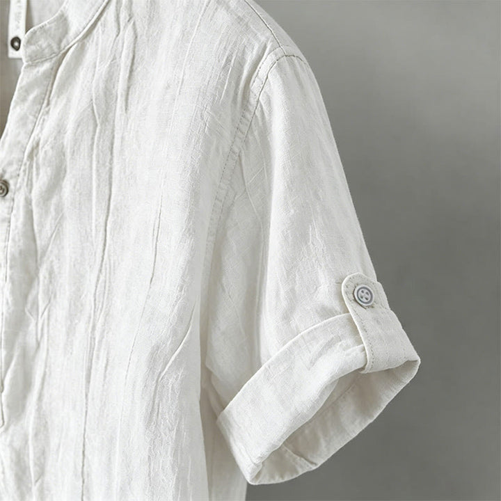 Chemise à manches courtes et demi-bouton en Coton et lin de couleur unie Buddha Stones pour hommes - image 42