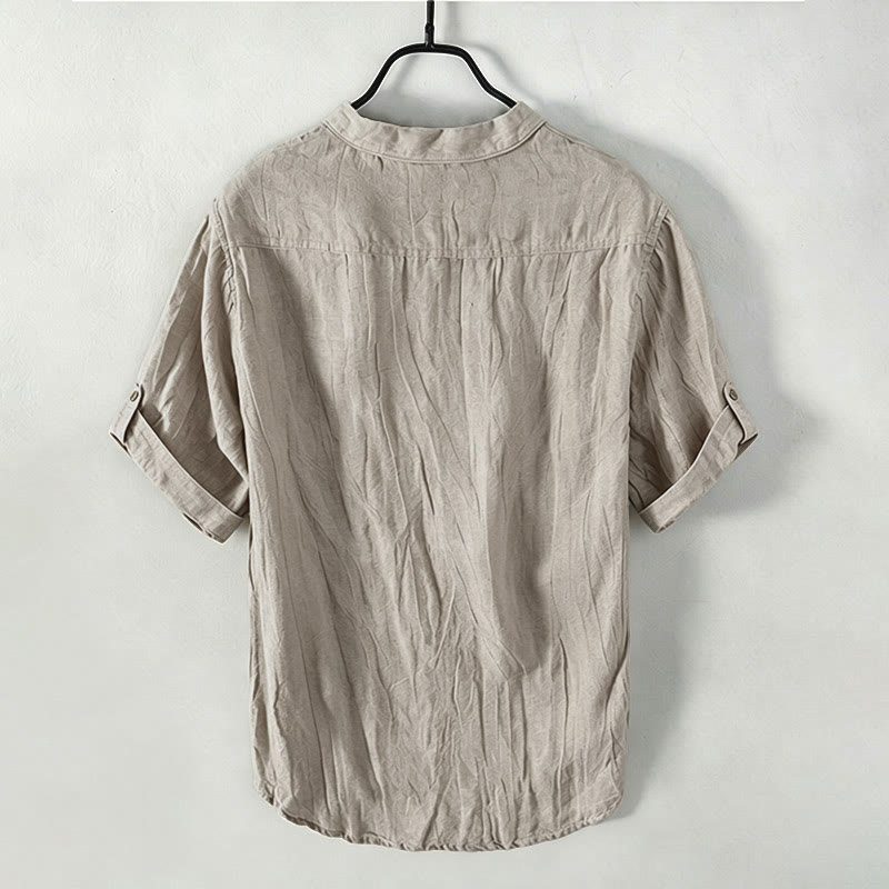 Chemise à manches courtes et demi-bouton en Coton et lin de couleur unie Buddha Stones pour hommes - image 46