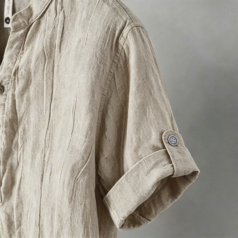 Chemise à manches courtes et demi-bouton en Coton et lin de couleur unie Buddha Stones pour hommes - image 49