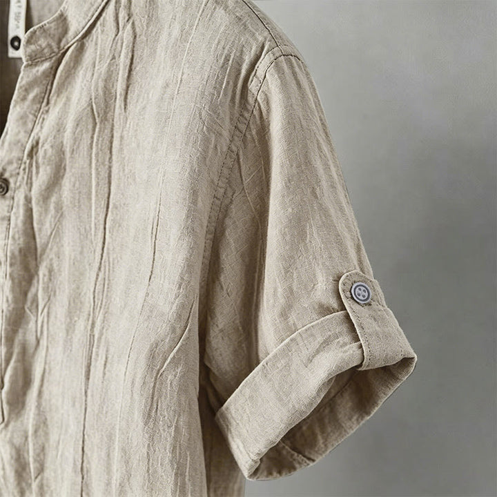 Chemise à manches courtes et demi-bouton en Coton et lin de couleur unie Buddha Stones pour hommes - image 49