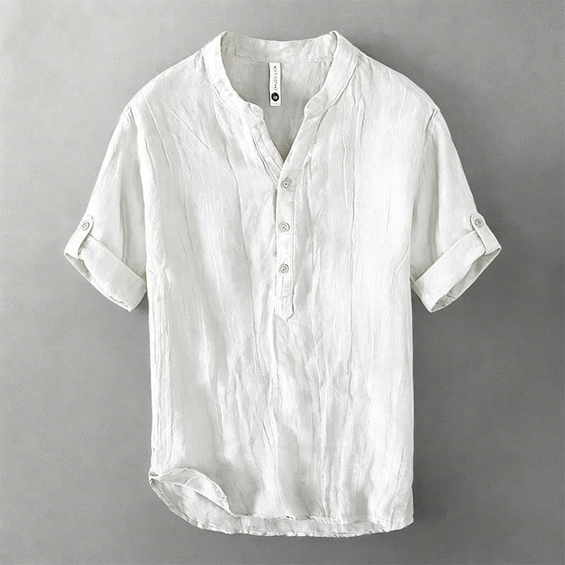 Chemise à manches courtes et demi-bouton en Coton et lin de couleur unie Buddha Stones pour hommes - Modèle à manches retroussables 3/4 - Blanc - US/UK/AU50，EU60 (5XL) - image 38