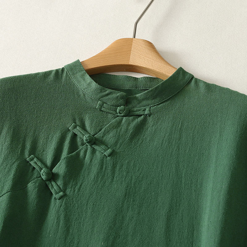 Buddha Stones Robe d'été sans manches pour femme, vert uni, col mandarin et fente latérale - image 2