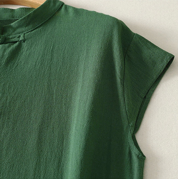 Buddha Stones Robe d'été sans manches pour femme, vert uni, col mandarin et fente latérale - image 3