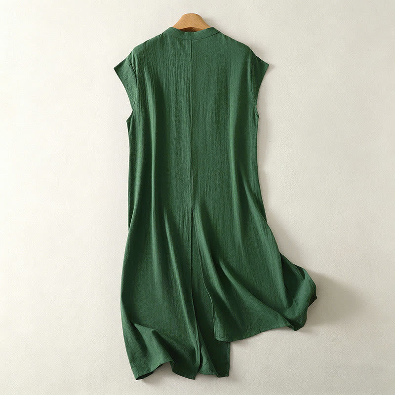 Buddha Stones Robe d'été sans manches pour femme, vert uni, col mandarin et fente latérale - image 1