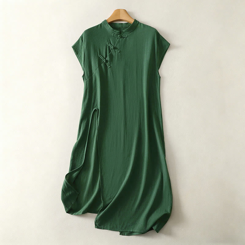 Buddha Stones Robe d'été sans manches pour femme, vert uni, col mandarin et fente latérale - Vert d'eau - US12，UK/AU16，EU44 (2XL) - image 0