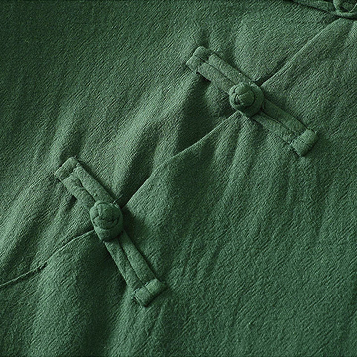 Buddha Stones Robe d'été sans manches pour femme, vert uni, col mandarin et fente latérale - image 5