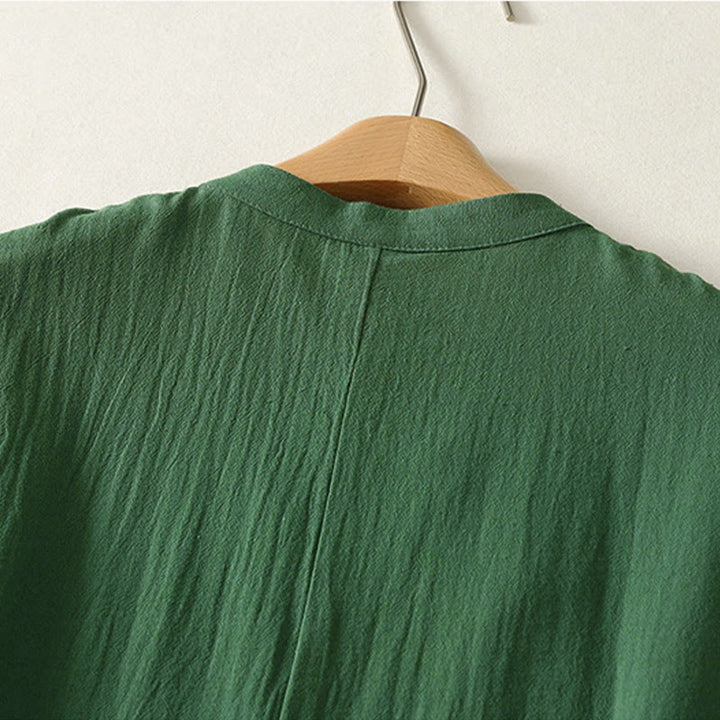 Buddha Stones Robe d'été sans manches pour femme, vert uni, col mandarin et fente latérale - image 4
