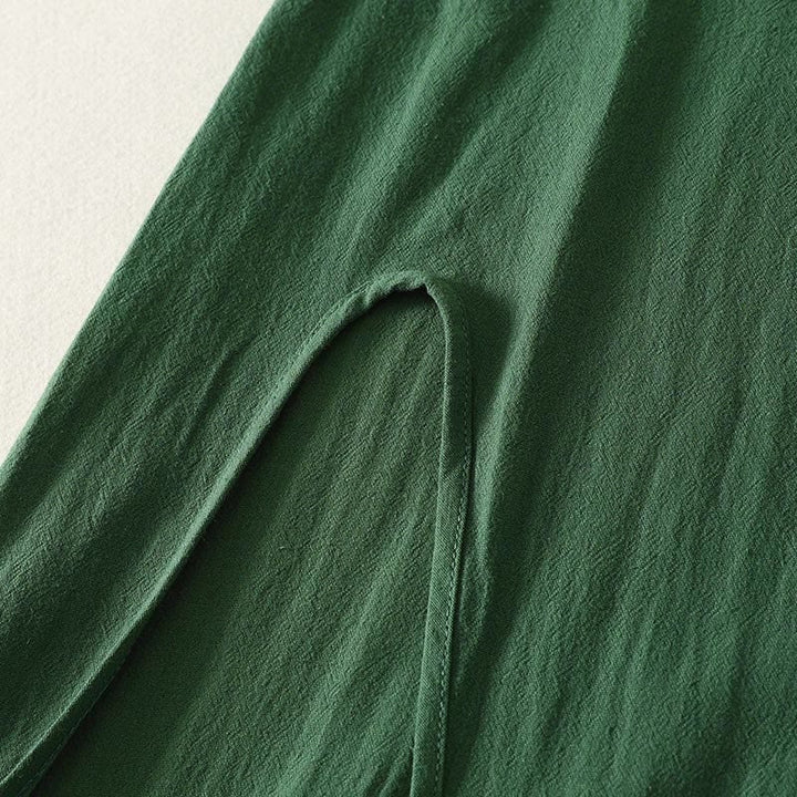 Buddha Stones Robe d'été sans manches pour femme, vert uni, col mandarin et fente latérale - image 6