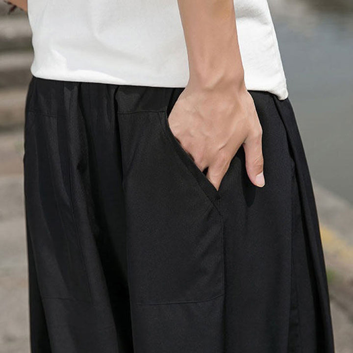 Buddha Stones Pantalon harem d'été décontracté avec cordon de serrage et broderie à caractères chinois, style intemporel, longueur cheville, poches. - image 11