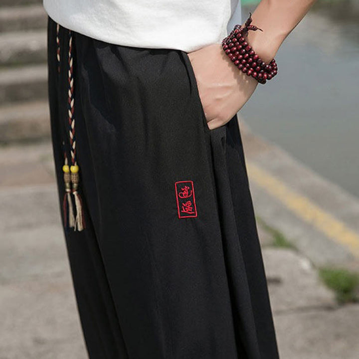 Buddha Stones Pantalon harem d'été décontracté avec cordon de serrage et broderie à caractères chinois, style intemporel, longueur cheville, poches. - image 10