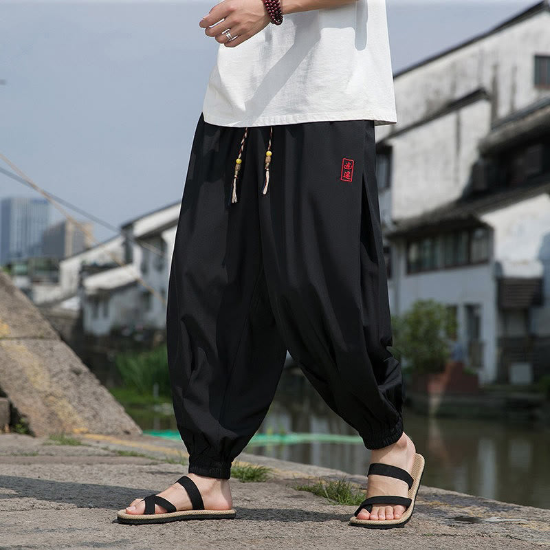 Buddha Stones Pantalon harem d'été décontracté avec cordon de serrage et broderie à caractères chinois, style intemporel, longueur cheville, poches. - image 2