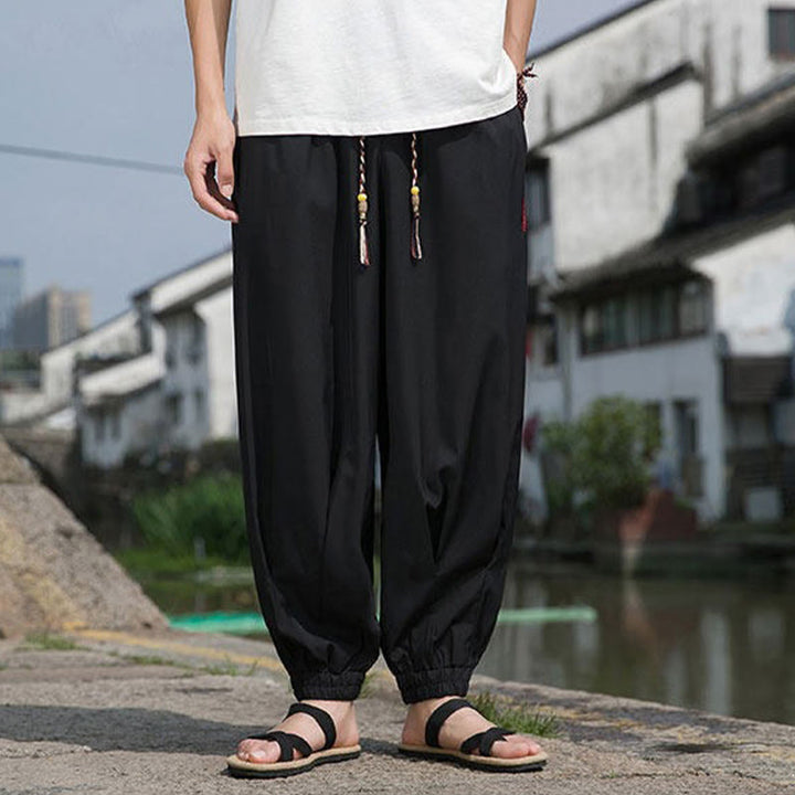 Buddha Stones Pantalon harem d'été décontracté avec cordon de serrage et broderie à caractères chinois, style intemporel, longueur cheville, poches. - image 3