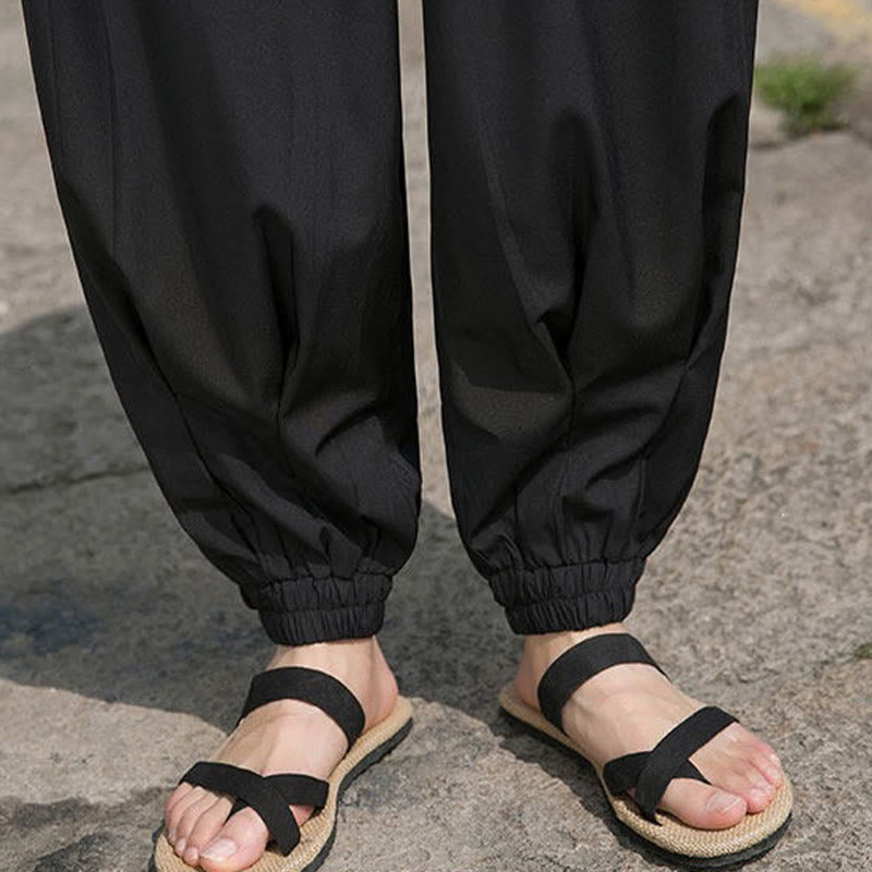 Buddha Stones Pantalon harem d'été décontracté avec cordon de serrage et broderie à caractères chinois, style intemporel, longueur cheville, poches. - image 12
