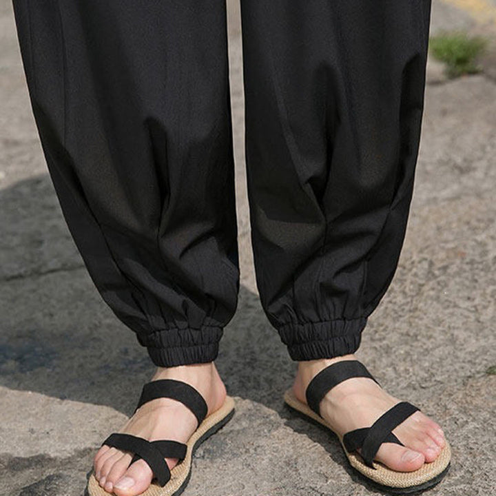 Buddha Stones Pantalon harem d'été décontracté avec cordon de serrage et broderie à caractères chinois, style intemporel, longueur cheville, poches. - image 12