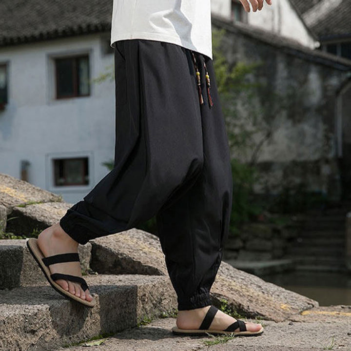 Buddha Stones Pantalon harem d'été décontracté avec cordon de serrage et broderie à caractères chinois, style intemporel, longueur cheville, poches. - image 6