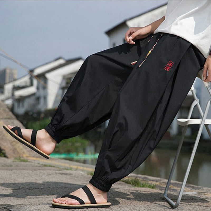 Buddha Stones Pantalon harem d'été décontracté avec cordon de serrage et broderie à caractères chinois, style intemporel, longueur cheville, poches. - image 8