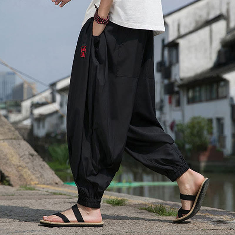 Buddha Stones Pantalon harem d'été décontracté avec cordon de serrage et broderie à caractères chinois, style intemporel, longueur cheville, poches. - image 7