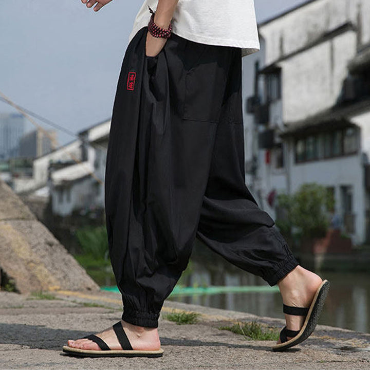 Buddha Stones Pantalon harem d'été décontracté avec cordon de serrage et broderie à caractères chinois, style intemporel, longueur cheville, poches. - image 7