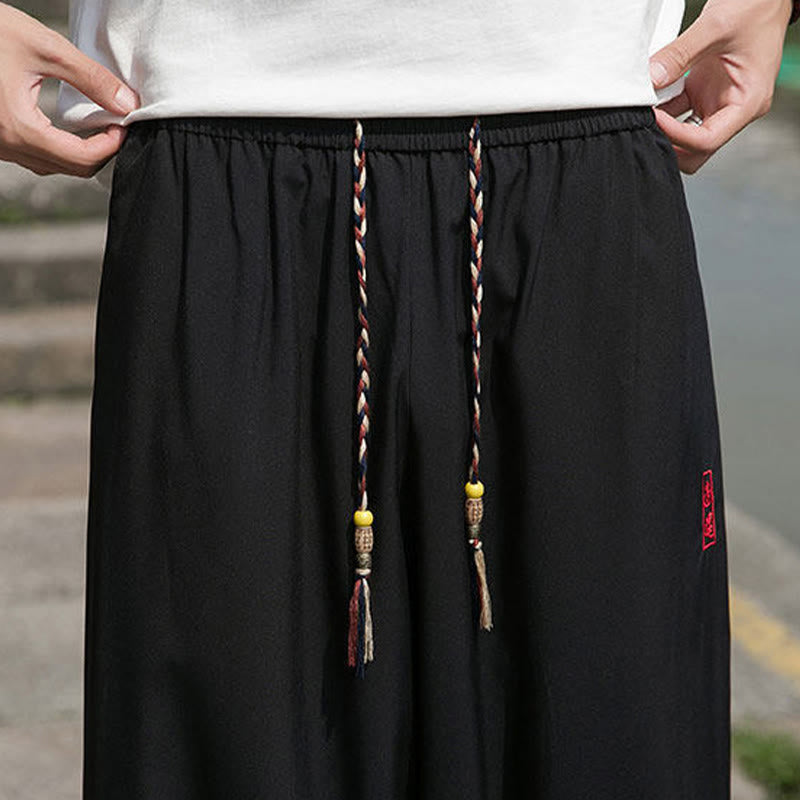 Buddha Stones Pantalon harem d'été décontracté avec cordon de serrage et broderie à caractères chinois, style intemporel, longueur cheville, poches. - image 9