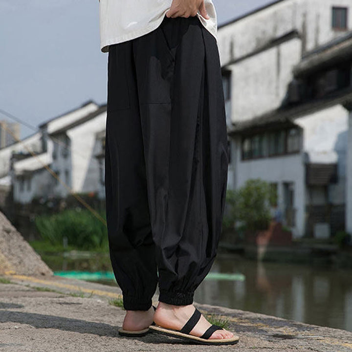 Buddha Stones Pantalon harem d'été décontracté avec cordon de serrage et broderie à caractères chinois, style intemporel, longueur cheville, poches. - image 5