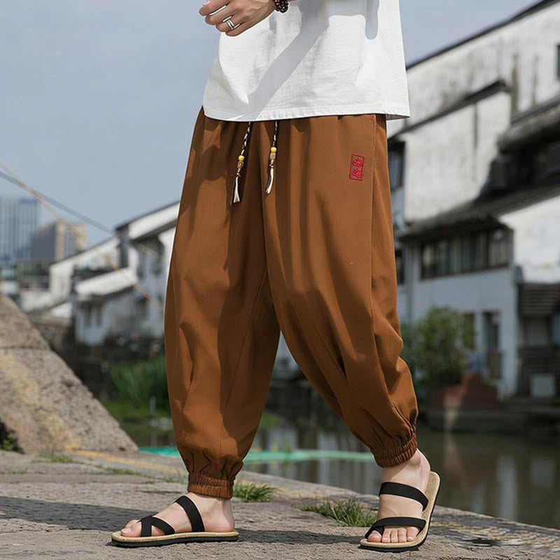 Buddha Stones Pantalon harem d'été décontracté avec cordon de serrage et broderie à caractères chinois, style intemporel, longueur cheville, poches. - image 14