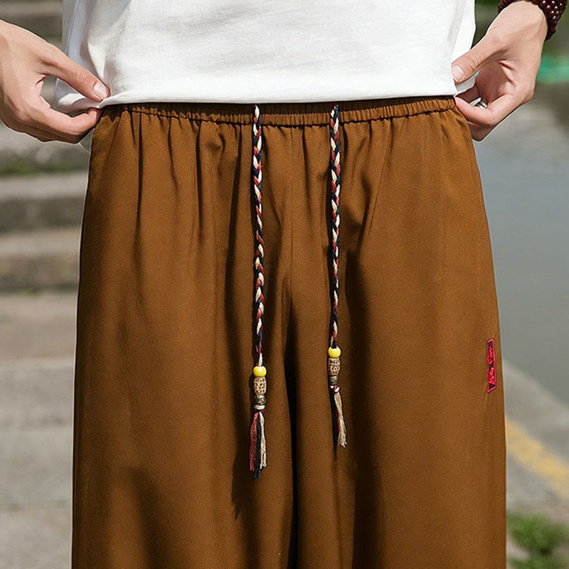 Buddha Stones Pantalon harem d'été décontracté avec cordon de serrage et broderie à caractères chinois, style intemporel, longueur cheville, poches. - image 15