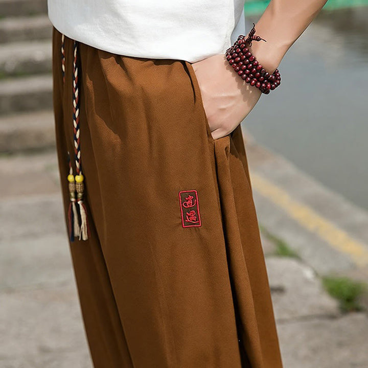 Buddha Stones Pantalon harem d'été décontracté avec cordon de serrage et broderie à caractères chinois, style intemporel, longueur cheville, poches. - image 16