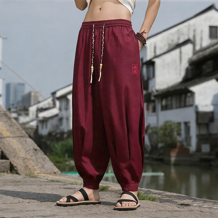 Buddha Stones Pantalon harem d'été décontracté avec cordon de serrage et broderie à caractères chinois, style intemporel, longueur cheville, poches. - Bordeaux - US/UK/AU46，EU56 (5XL) - image 19