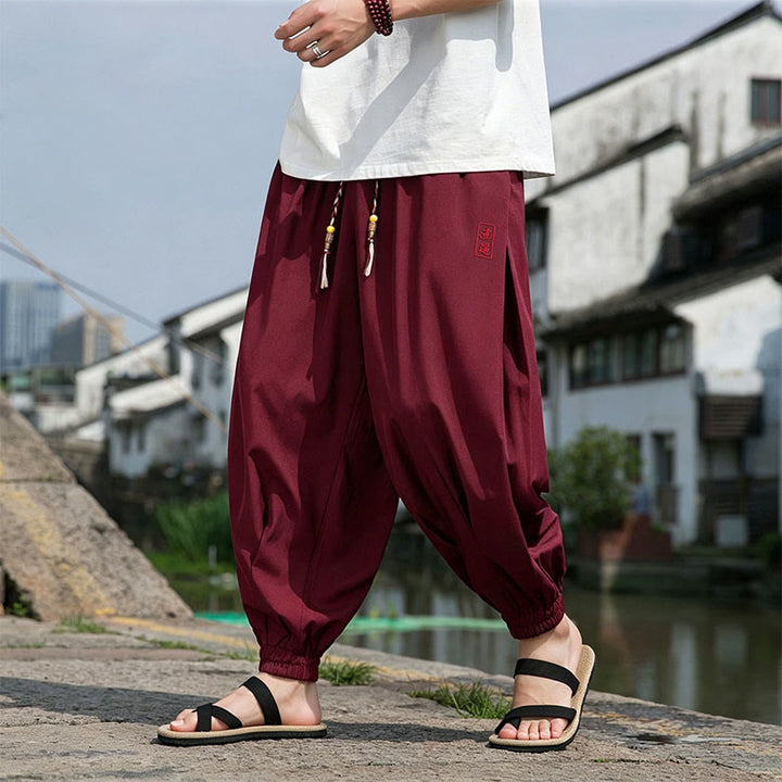 Buddha Stones Pantalon harem d'été décontracté avec cordon de serrage et broderie à caractères chinois, style intemporel, longueur cheville, poches. - image 20