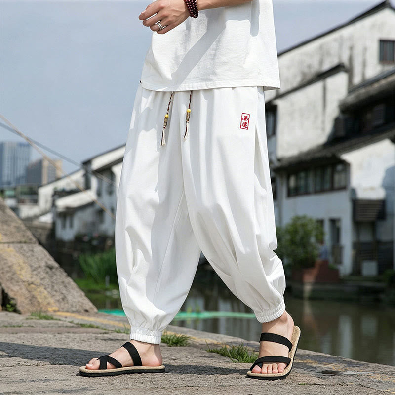 Buddha Stones Pantalon harem d'été décontracté avec cordon de serrage et broderie à caractères chinois, style intemporel, longueur cheville, poches. - image 22