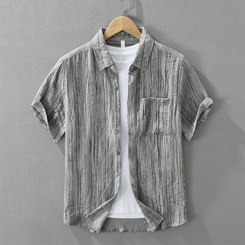 Buddha Stones Chemises d'été minimalistes et décontractées à rayures pour hommes, manches courtes, boutonnées, avec poche décorative - Argent - US/UK/AU42，EU52 (3XL) - image 0