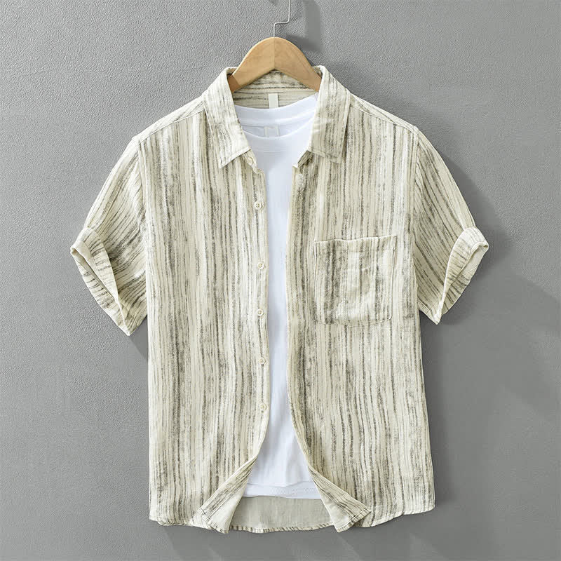 Buddha Stones Chemises d'été minimalistes et décontractées à rayures pour hommes, manches courtes, boutonnées, avec poche décorative - Blé - US/UK/AU42，EU52 (3XL) - image 1