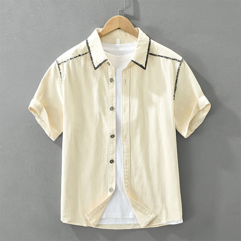 Buddha Stones Chemises à manches courtes pour hommes, style vintage décontracté, boutonnées, unies, à motifs linéaires, été - Blanc antique - US/UK/AU42，EU52 (3XL) - image 0
