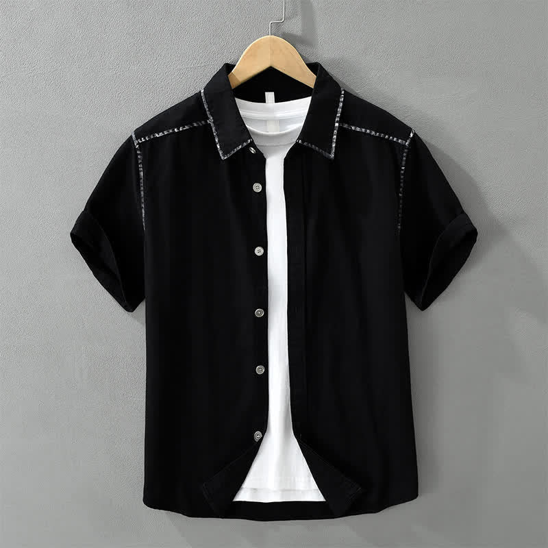 Buddha Stones Chemises à manches courtes pour hommes, style vintage décontracté, boutonnées, unies, à motifs linéaires, été - Noir - US/UK/AU42，EU52 (3XL) - image 11
