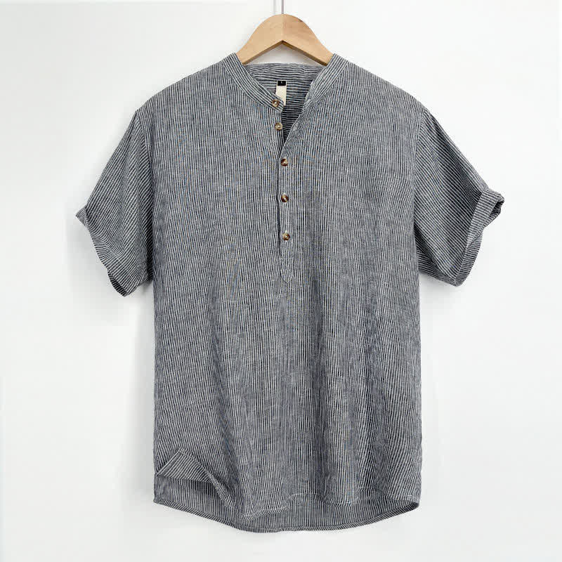 Buddha Stones Chemises d'été à demi-boutons et fines rayures à manches courtes pour hommes - Bleu acier clair - US/UK/AU44，EU54 (4XL) - image 11